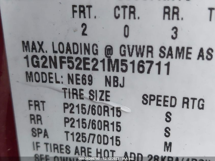 2001 Pontiac Grand Am Se1 VIN: 1G2NF52E21M516711 Lot: 38266780