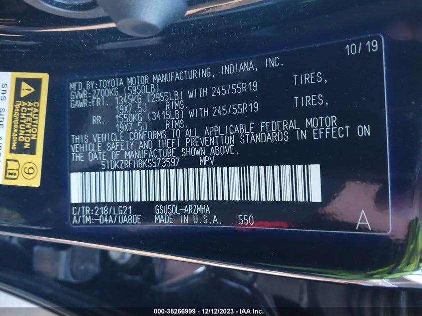 2019 TOYOTA HIGHLANDER SE VIN: 5TDKZRFH8KS573597