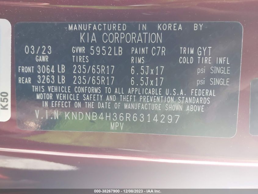 2024 Kia Carnival Mpv Lx Seat Package VIN: KNDNB4H36R6314297 Lot: 38267900