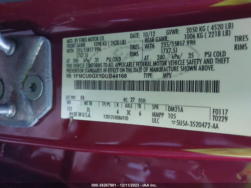 1FMCU0GX1DUB44168 2013 Ford Escape Se