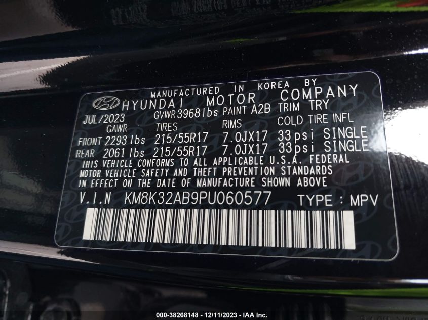 2023 Hyundai Kona Sel VIN: KM8K32AB9PU060577 Lot: 38268148