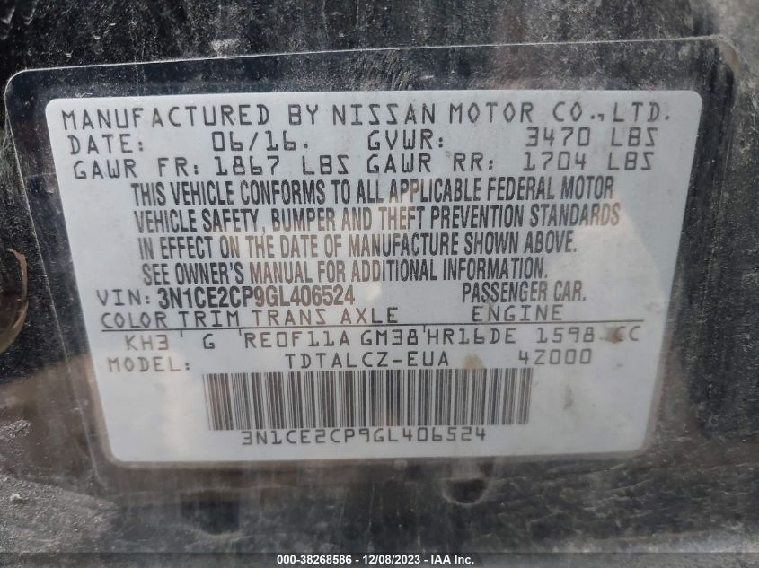 3N1CE2CP9GL406524 2016 Nissan Versa Note S Plus