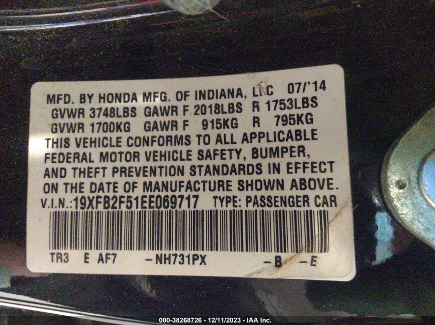 2014 Honda Civic Lx VIN: 19XFB2F51EE069717 Lot: 38268726