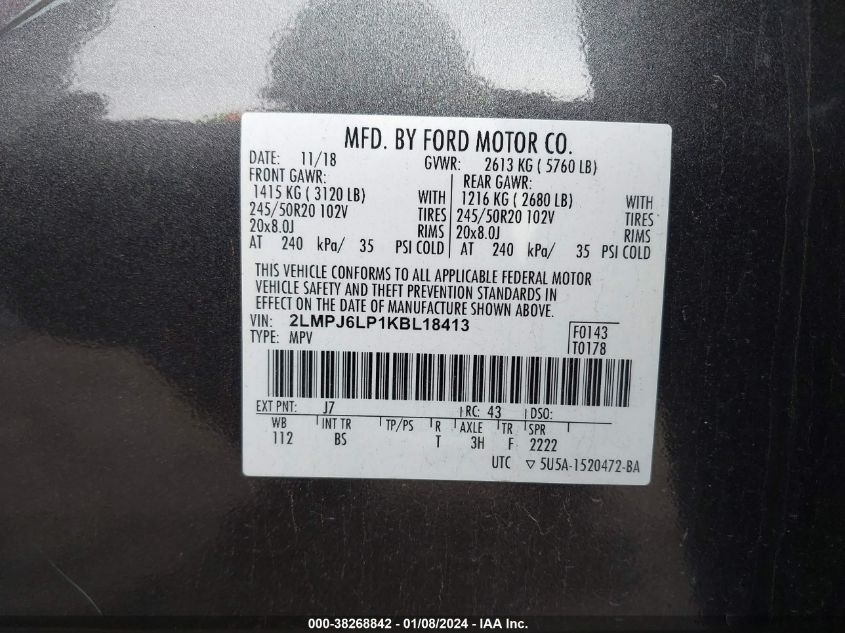 2019 Lincoln Nautilus Reserve VIN: 2LMPJ6LP1KBL18413 Lot: 38268842