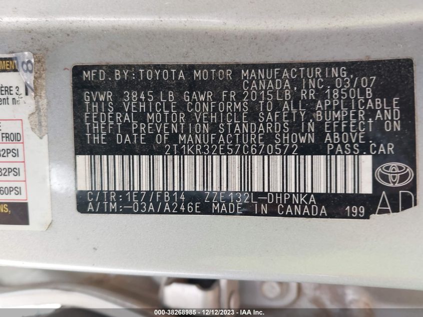 2T1KR32E57C670572 2007 Toyota Matrix Xr