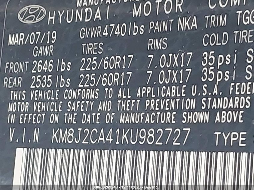 KM8J2CA41KU982727 2019 Hyundai Tucson Se