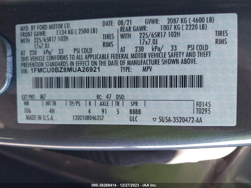 2021 Ford Escape Se Hybrid VIN: 1FMCU0BZ8MUA26921 Lot: 38269414