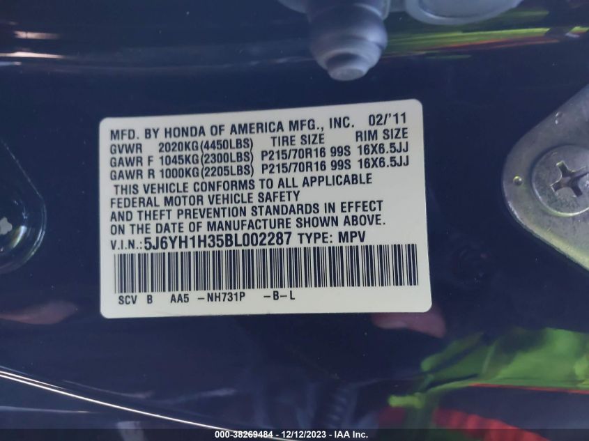 2011 Honda Element Lx VIN: 5J6YH1H35BL002287 Lot: 38269484