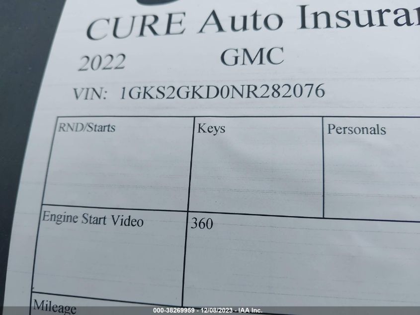 2022 GMC Yukon Xl 4Wd Slt VIN: 1GKS2GKD0NR282076 Lot: 38269959