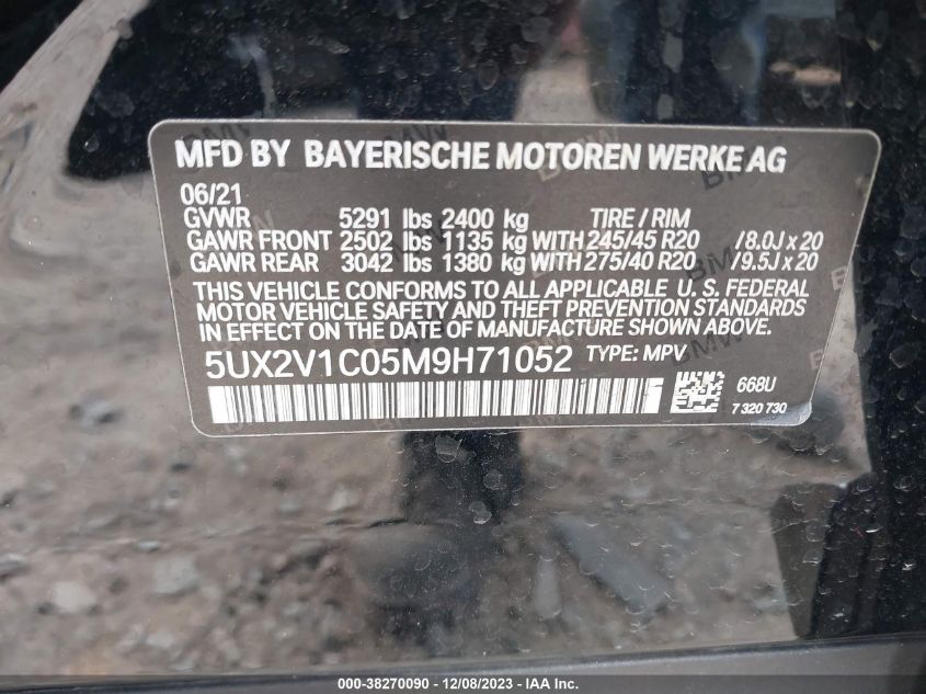 2021 BMW X4 xDrive30I VIN: 5UX2V1C05M9H71052 Lot: 38270090