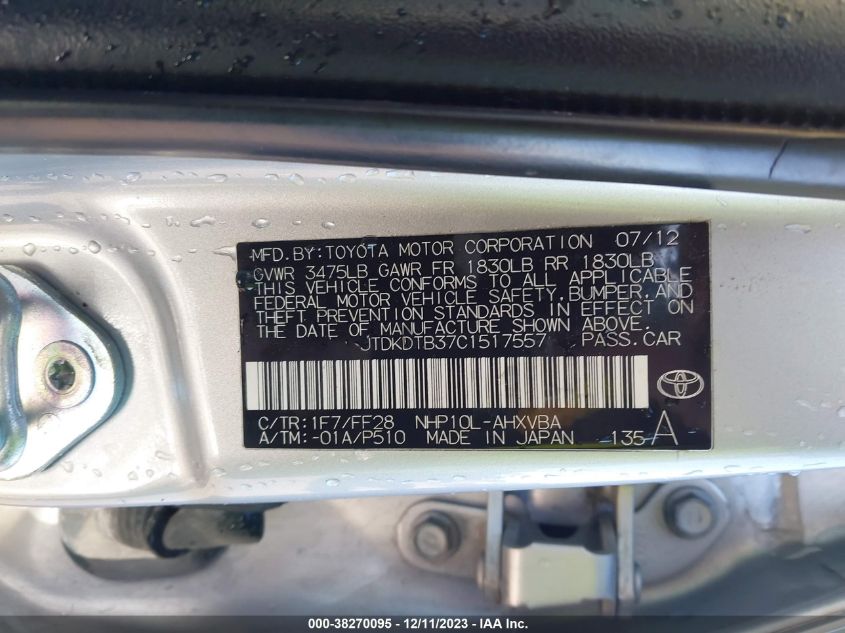 JTDKDTB37C1517557 2012 Toyota Prius C Two