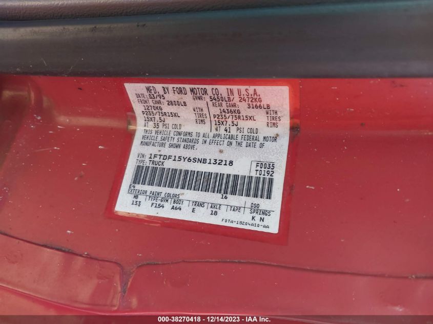 1995 Ford F150 VIN: 1FTDF15Y6SNB13218 Lot: 38270418