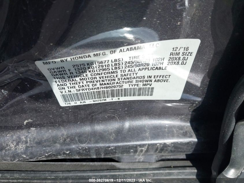 5FRYD4H87HB020752 2017 Acura Mdx Advance Pkg