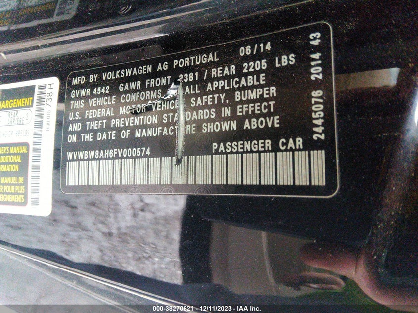 2015 Volkswagen Eos Komfort Edition VIN: WVWBW8AH6FV000574 Lot: 38270621