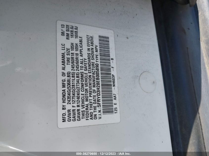 2014 Acura Mdx VIN: 5FRYD3H28EB005890 Lot: 38270655