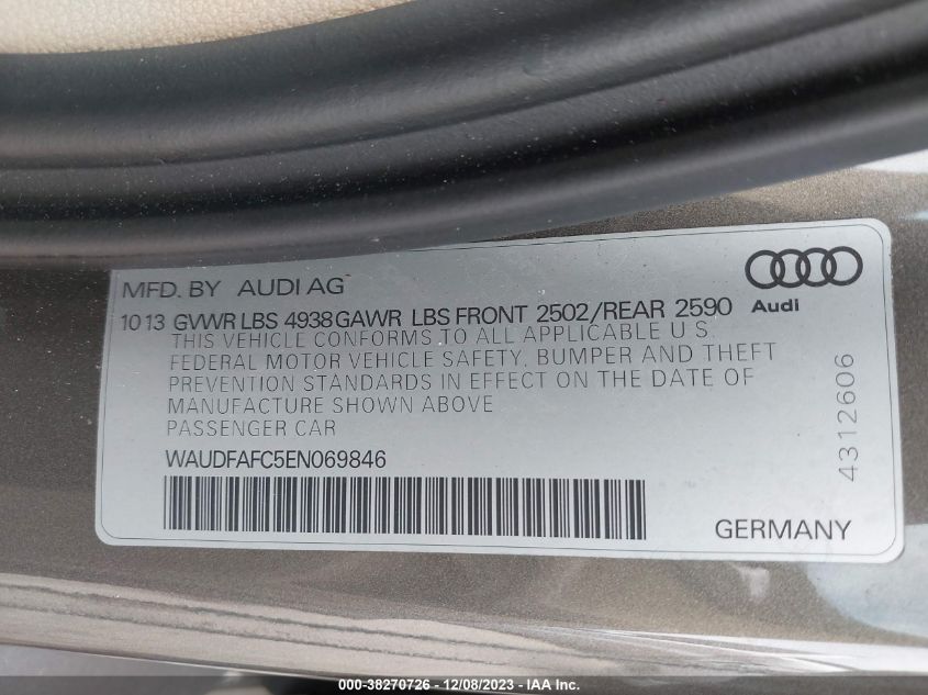 2014 Audi A6 2.0T Premium VIN: WAUDFAFC5EN069846 Lot: 38270726