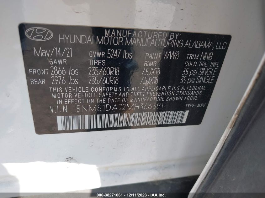 5NMS1DAJ2MH366391 2021 Hyundai Santa Fe Se