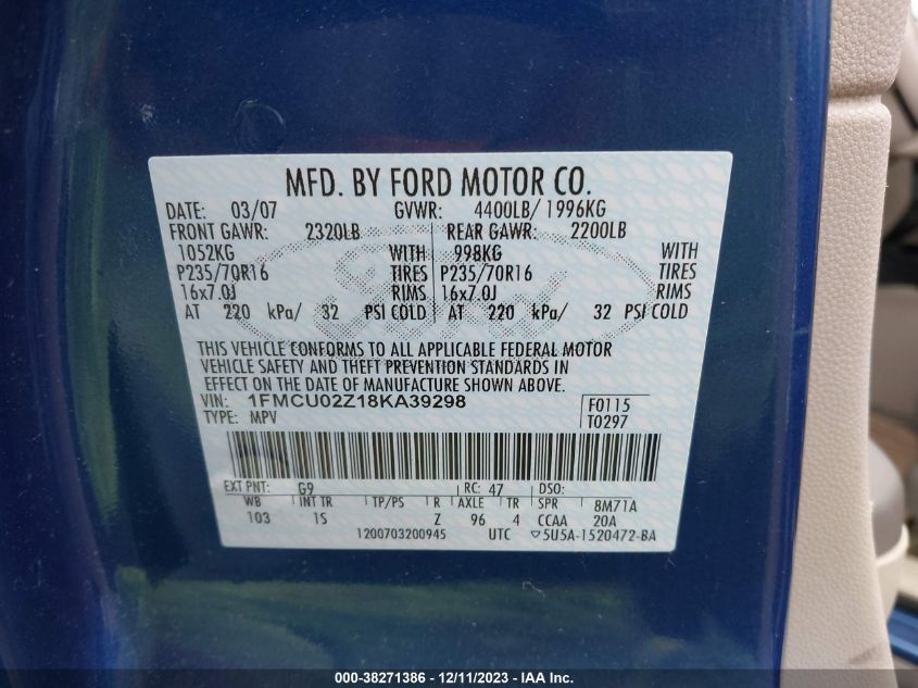 1FMCU02Z18KA39298 2008 Ford Escape Xls/Xls Manual