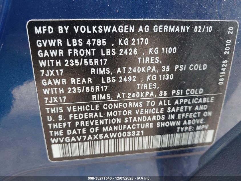 2010 Volkswagen Tiguan S VIN: WVGAV7AX5AW003321 Lot: 38271540