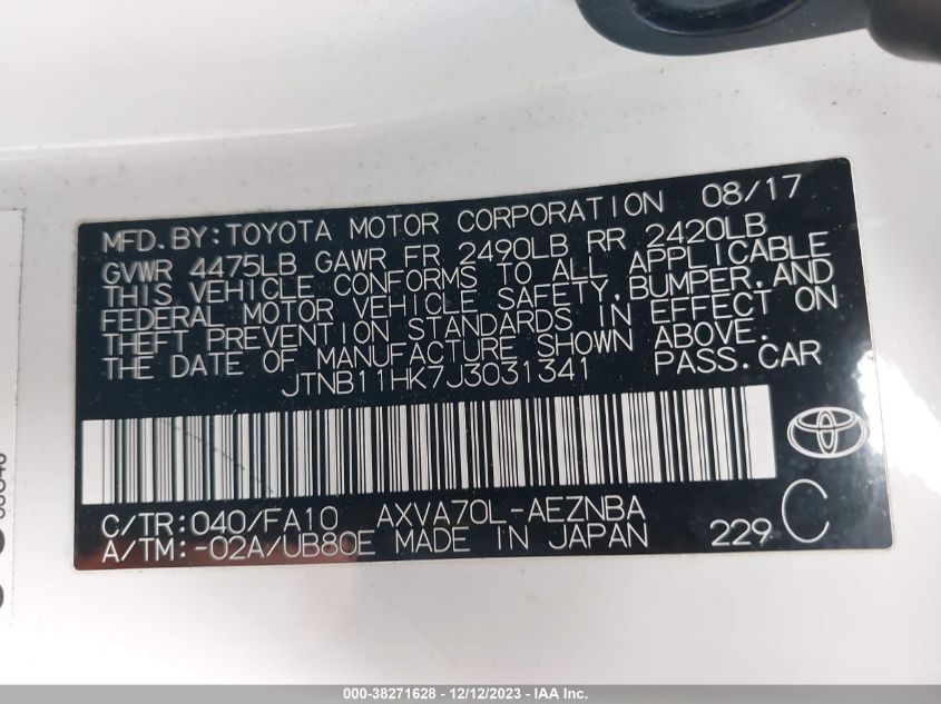 2018 Toyota Camry Le VIN: JTNB11HK7J3031341 Lot: 38271628