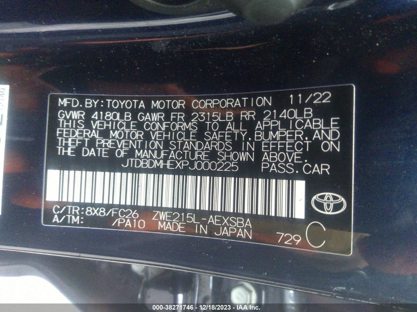 2023 Toyota Corolla Hybrid Se VIN: JTDBDMHEXPJ000225 Lot: 38271746