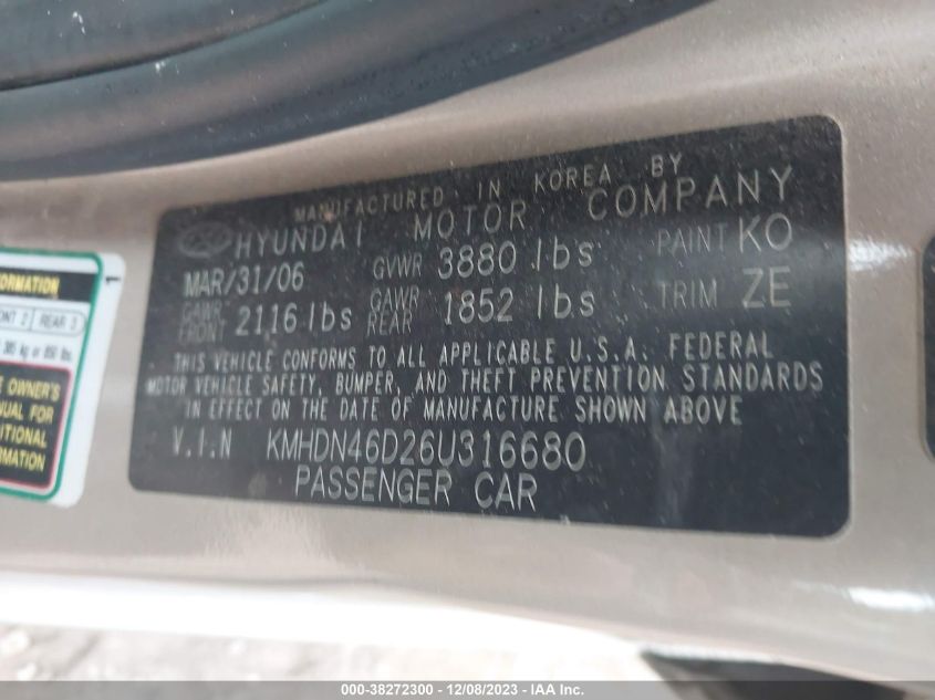 KMHDN46D26U316680 2006 Hyundai Elantra Gls/Limited