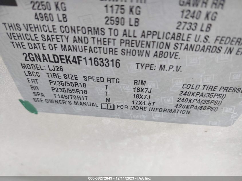 2GNALDEK4F1163316 2015 Chevrolet Equinox Ltz