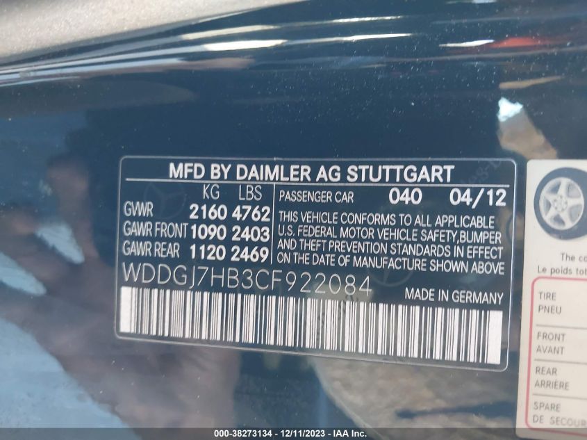 2012 Mercedes-Benz C-Class C 63 Amg VIN: WDDGJ7HB3CF922084 Lot: 38273134