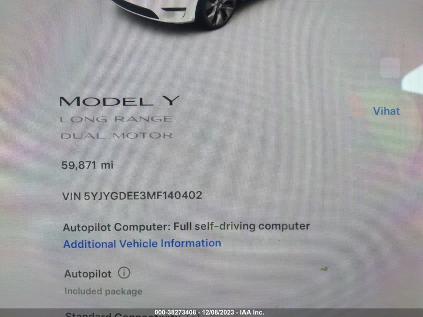 2021 Tesla Model Y Long Range VIN: 5YJYGDEE3MF140402 Lot: 38273408