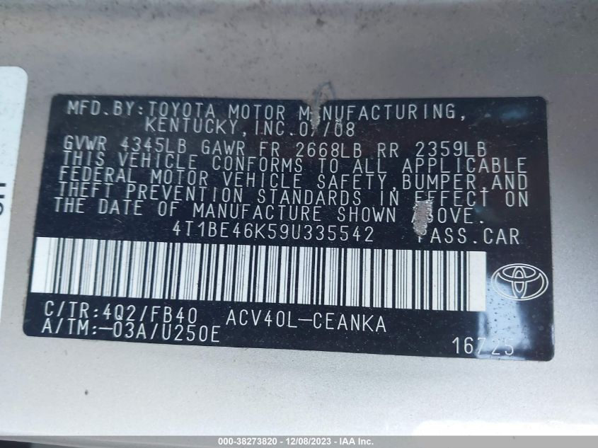 4T1BE46K59U335542 2009 Toyota Camry Le