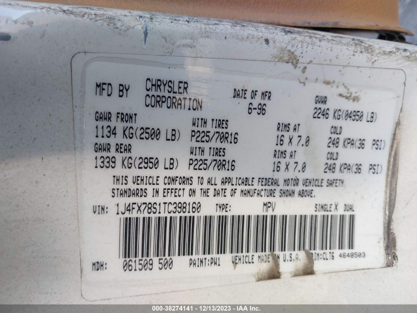 1996 Jeep Grand Cherokee Limited VIN: 1J4FX78S1TC398160 Lot: 38274141