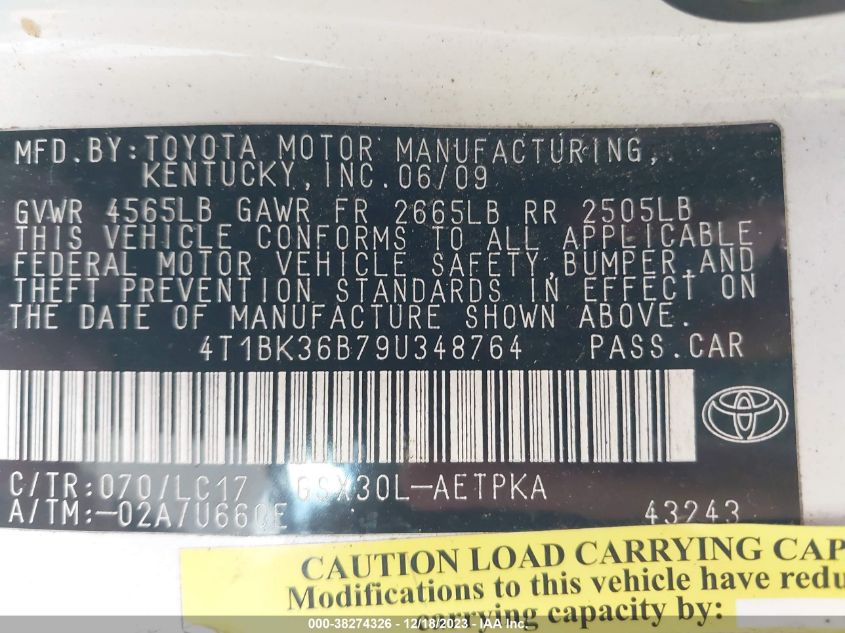 4T1BK36B79U348764 2009 Toyota Avalon Limited