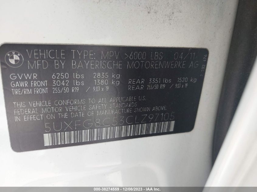 2012 BMW X6 50I VIN: 5UXFG8C53CLZ97105 Lot: 38274559