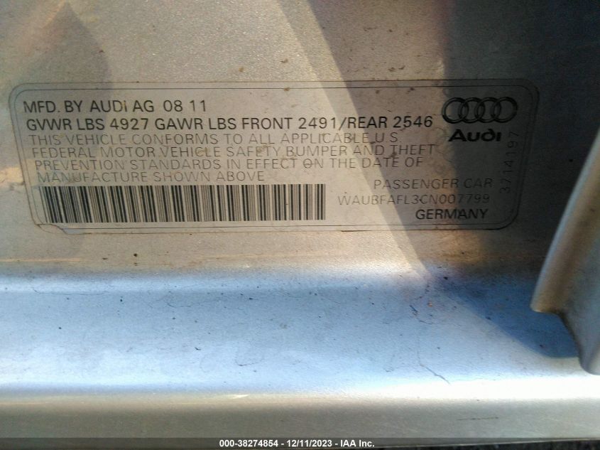 2012 Audi A4 2.0T Premium VIN: WAUBFAFL3CN007799 Lot: 38274854