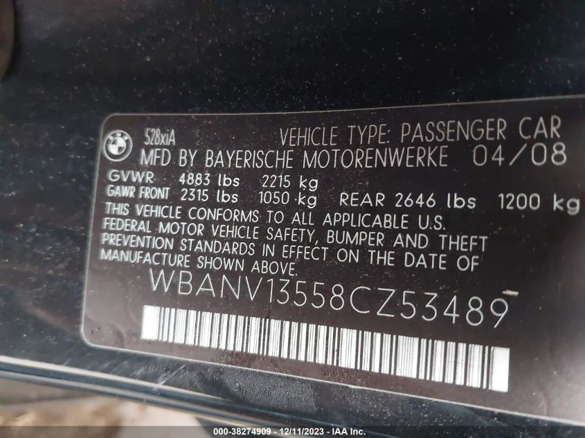 WBANV13558CZ53489 2008 BMW 5 Series 528Xi