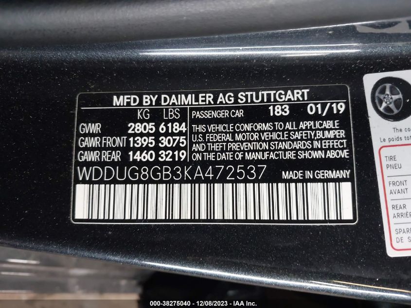 2019 Mercedes-Benz S 560 4Matic VIN: WDDUG8GB3KA472537 Lot: 38275040