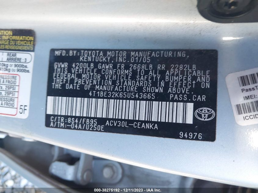 4T1BE32K65U543665 2005 Toyota Camry Std/Le/Se/Xle