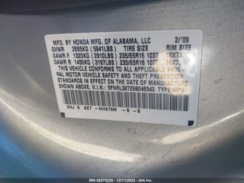 2009 Honda Odyssey Ex-L VIN: 5FNRL38729B046543 Lot: 38275220