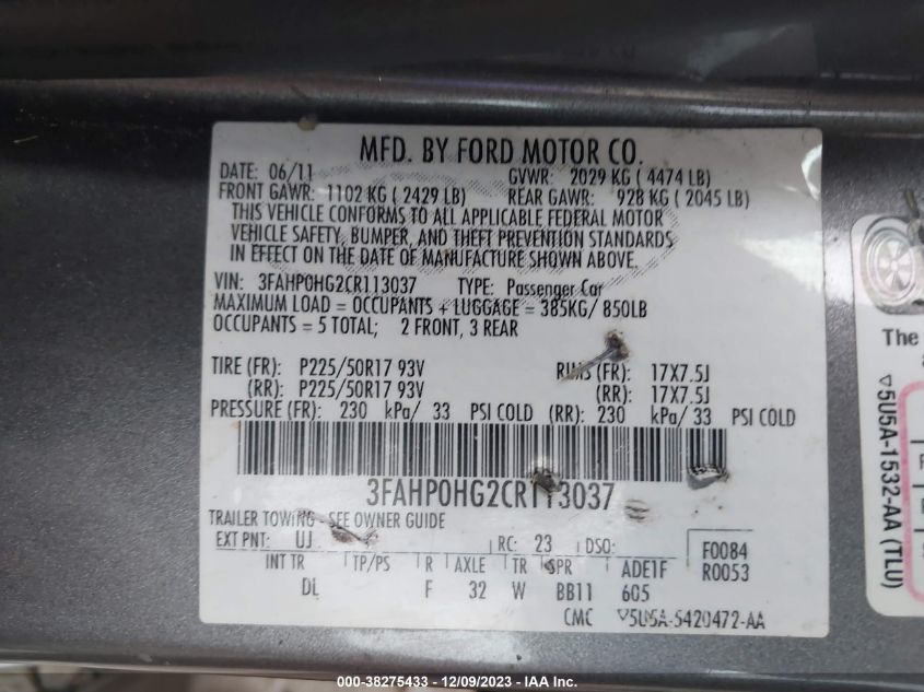 3FAHP0HG2CR113037 2012 Ford Fusion Se