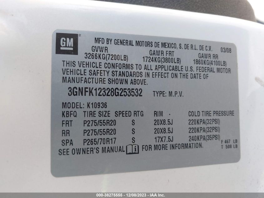 2008 Chevrolet Avalanche Ltz VIN: 3GNFK12328G253532 Lot: 38275555