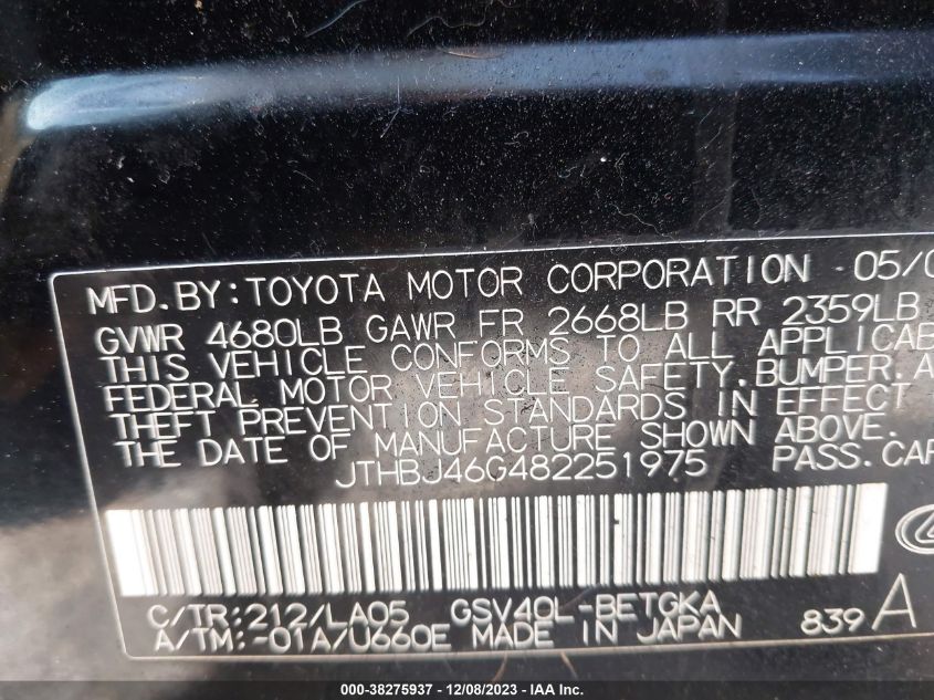 2008 Lexus Es 350 Base A6 VIN: JTHBJ46G482251975 Lot: 38275937