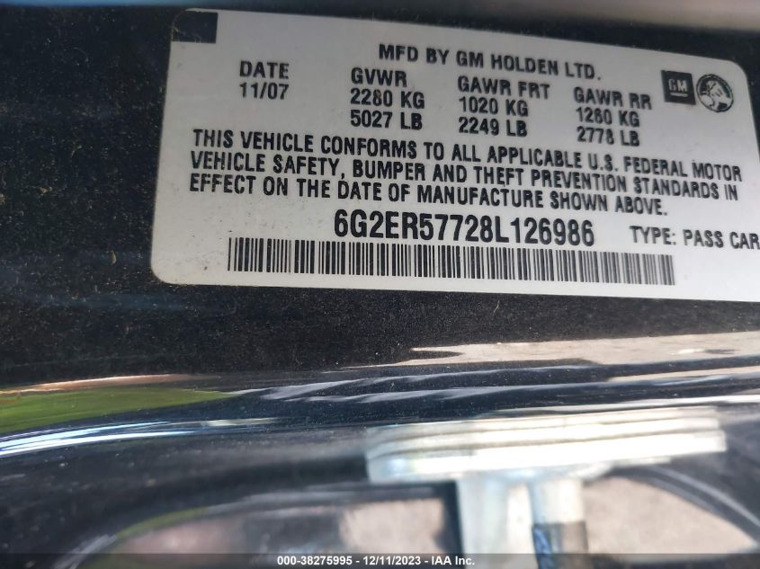 2008 Pontiac G8 VIN: 6G2ER57728L126986 Lot: 38275995