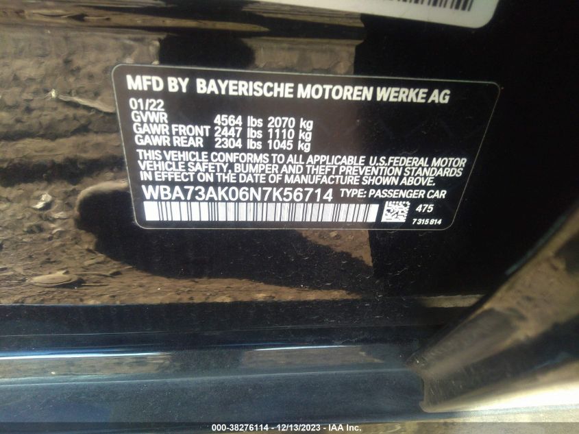 2022 BMW 228I Gran Coupe xDrive VIN: WBA73AK06N7K56714 Lot: 38276114