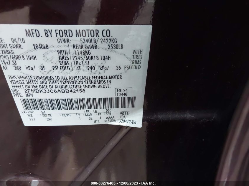 2010 Ford Edge Sel VIN: 2FMDK3JC6ABB42158 Lot: 38276405