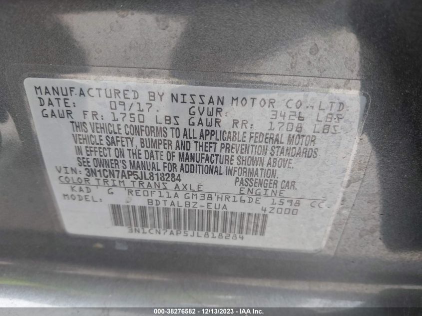 3N1CN7AP5JL818284 2018 Nissan Versa Sv