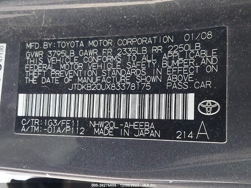 2008 Toyota Prius Base Cvt-E VIN: JTDKB20UX83378175 Lot: 38276855