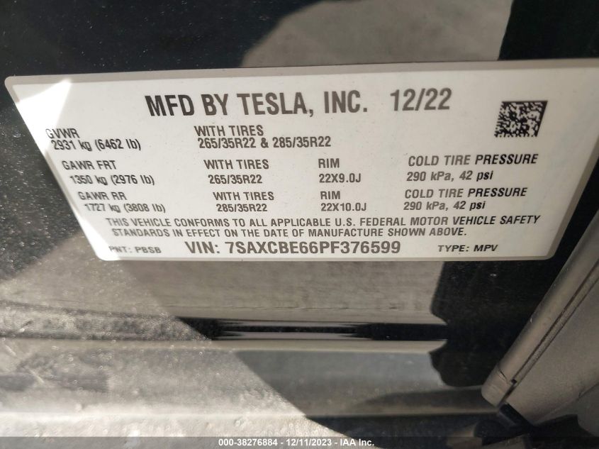 2023 Tesla Model X Plaid VIN: 7SAXCBE66PF376599 Lot: 38276884