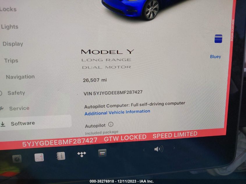 2021 Tesla Model Y Long Range VIN: 5YJYGDEE8MF287427 Lot: 38276918