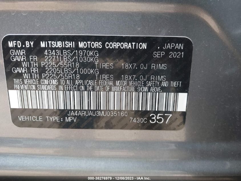 2021 Mitsubishi Outlander Sport Es VIN: JA4ARUAU3MU035160 Lot: 38276979