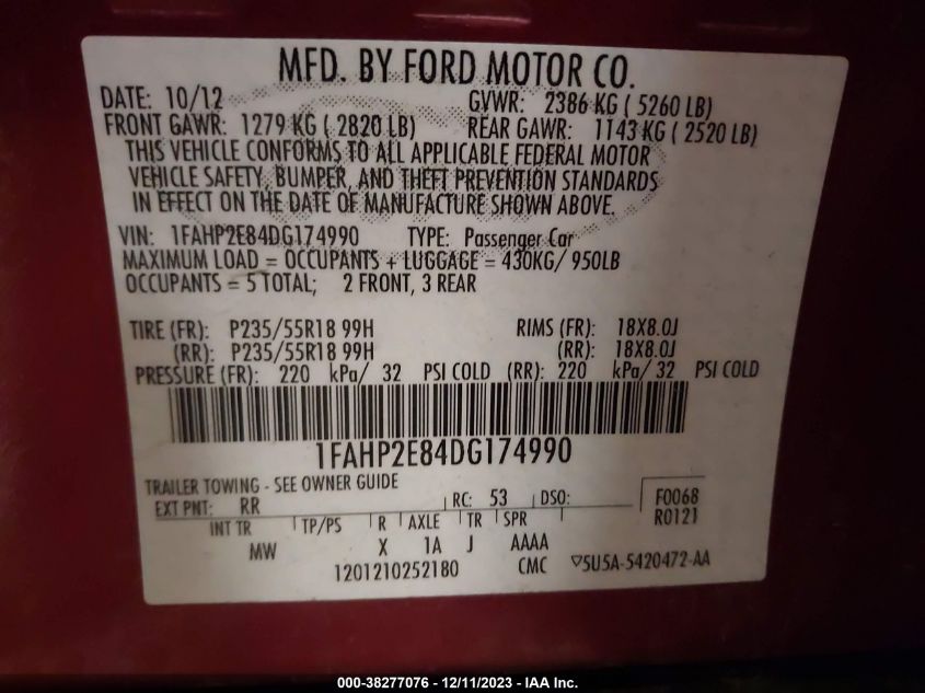 2013 Ford Taurus Sel VIN: 1FAHP2E84DG174990 Lot: 38277076